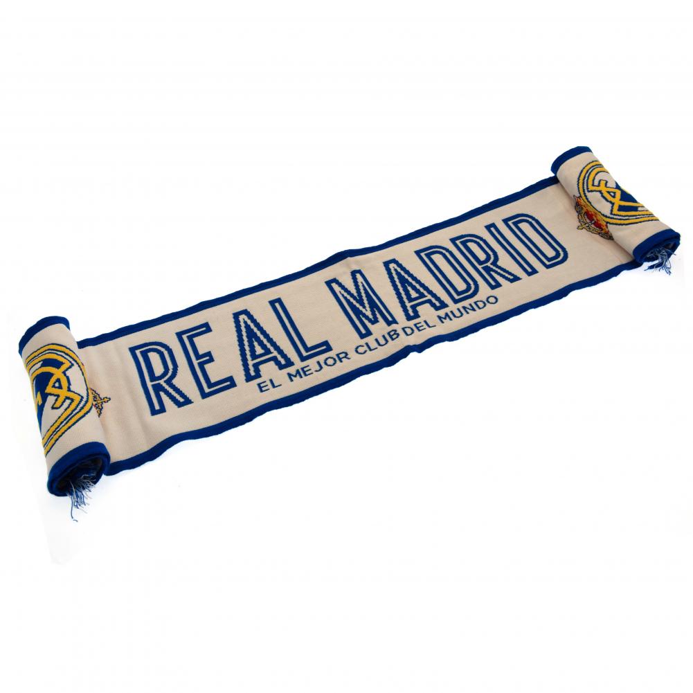 White woven scarf with blue, red and yellow stripe detail and blue and white fringe