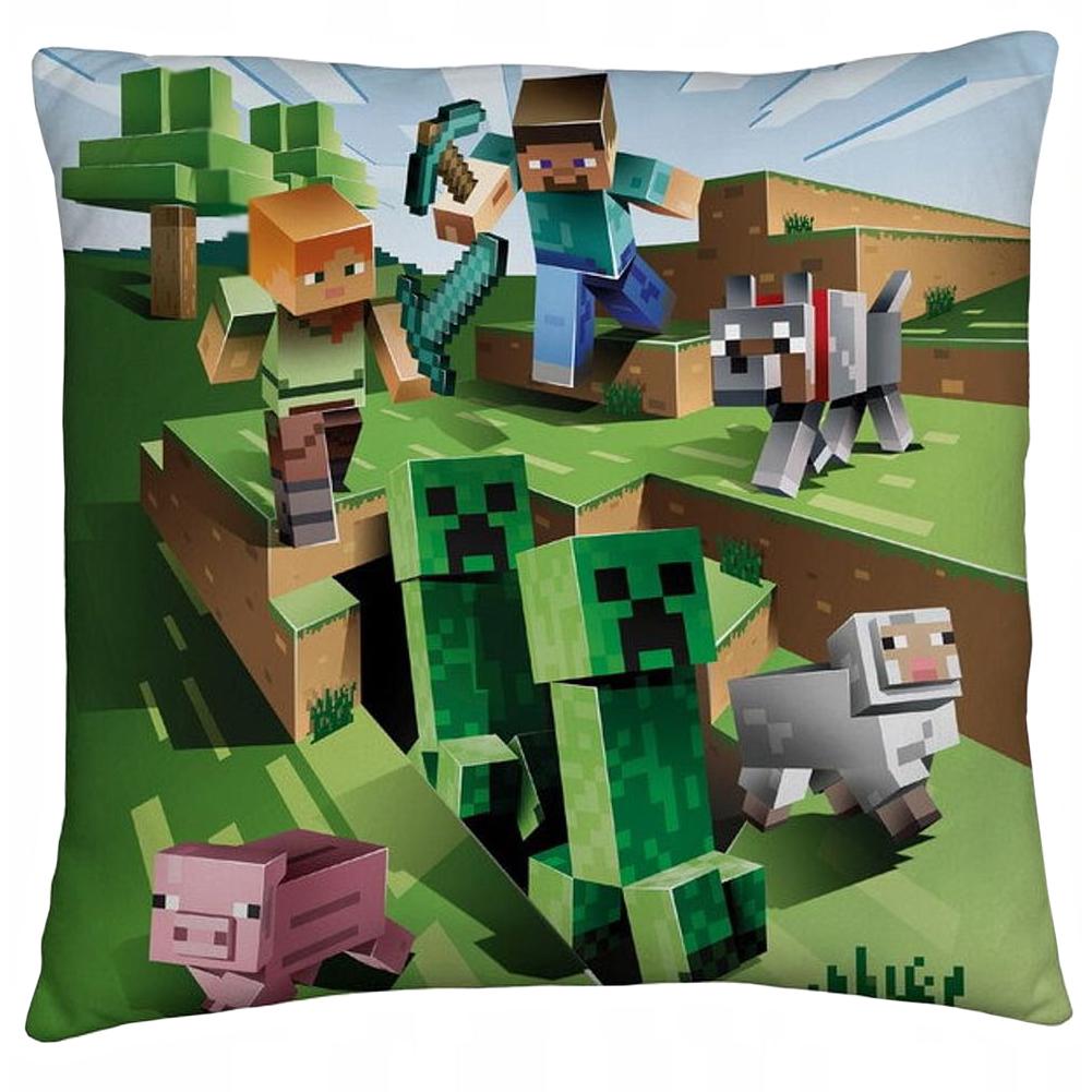 Vibrant cushion with artwork from the game, Reverse features the Minecraft logo
