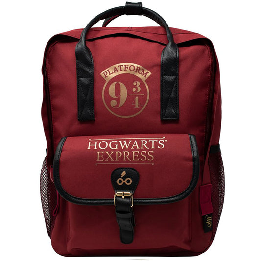 Premium burgundy backpack featuring the 9 & 3 Quarters sign in gold print, Magnetic buckle design front pocket and two side pockets