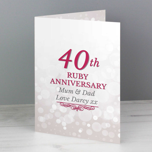White card with ruby red 40th Ruby Anniversary personalised with names and message By Sweetlea Gifts