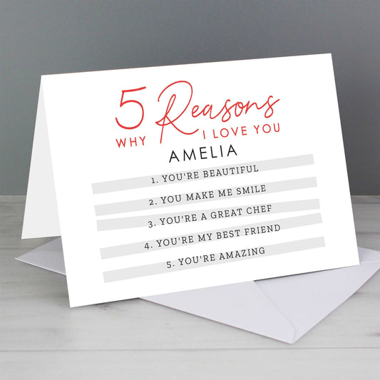 white greeting card red text 5 reasons why i love you then black text personalised with a name and 5 reasons By Sweetlea Gifts