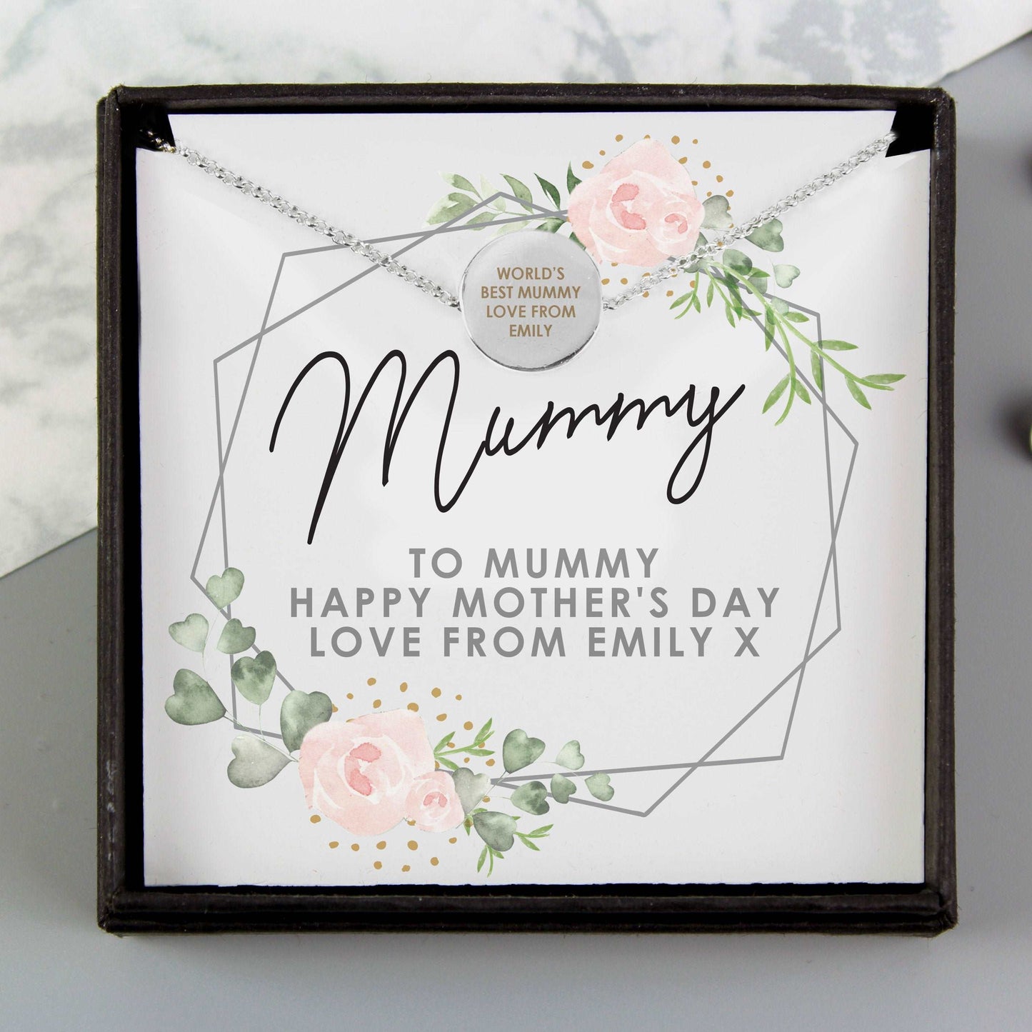 Personalised Silver tone disc necklace with personalised sentiments card and gift box with Floral abstract design By Sweetlea Gifts
