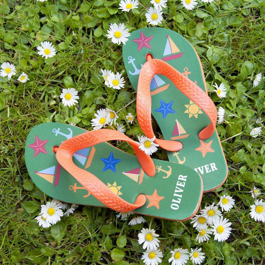 Children's Green and orange beach theme personalised flip flops By Sweetlea Gifts