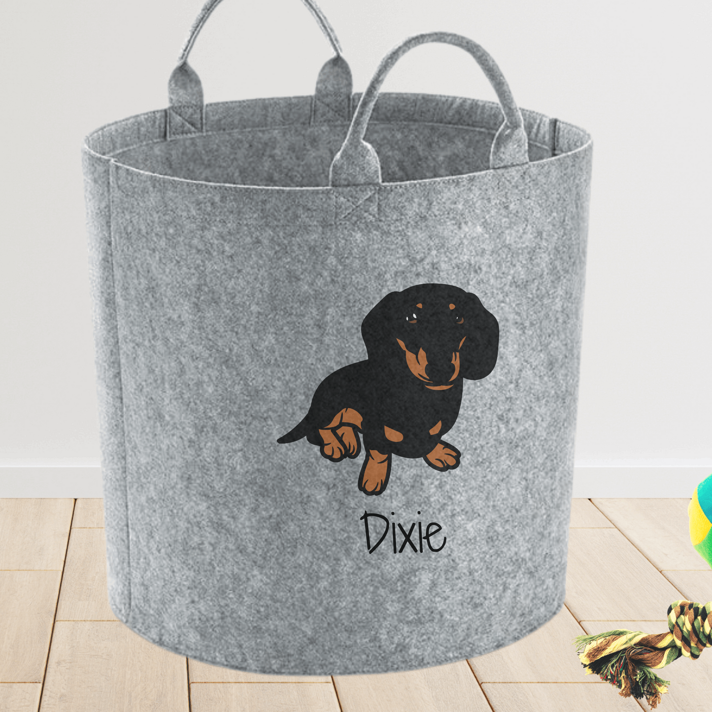 Dog toy storage bag printed with a black & tan dachschund and name - Personalised dog toy storage by Sweetlea gifts