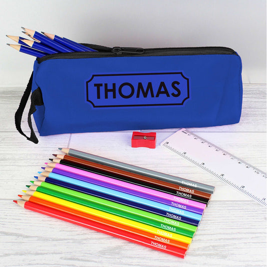 Blue Pencil Case with Pencils & Crayons By Sweetlea Gifts