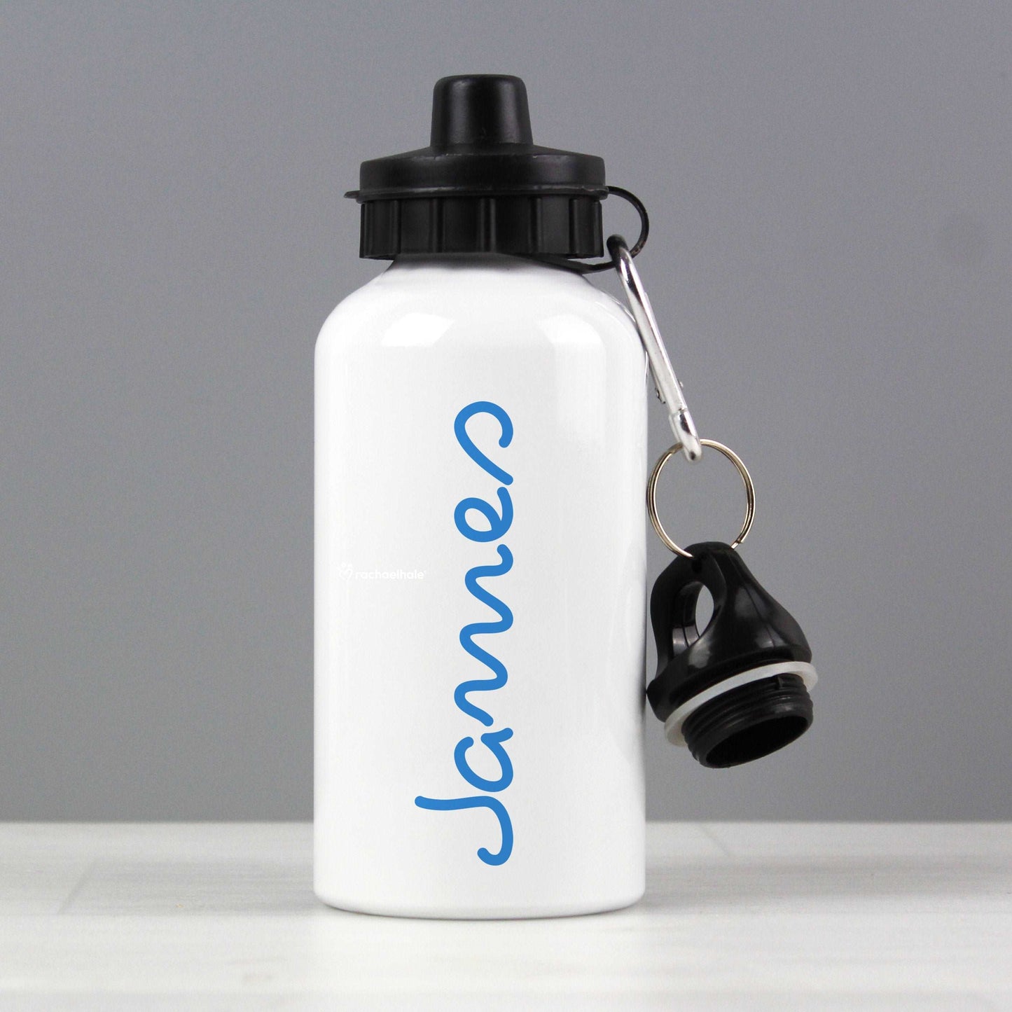 white aluminium drinks bottle, personalised with a name in blue By Sweetlea Gifts