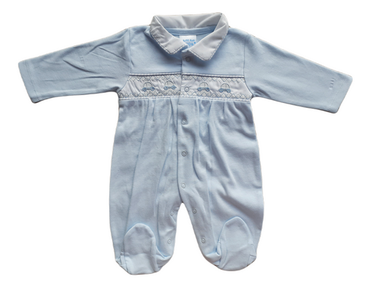 Blue collared babygrow with embroidered cars