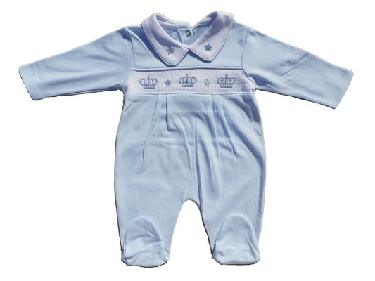 Blue collared smocked babygrow with crown design