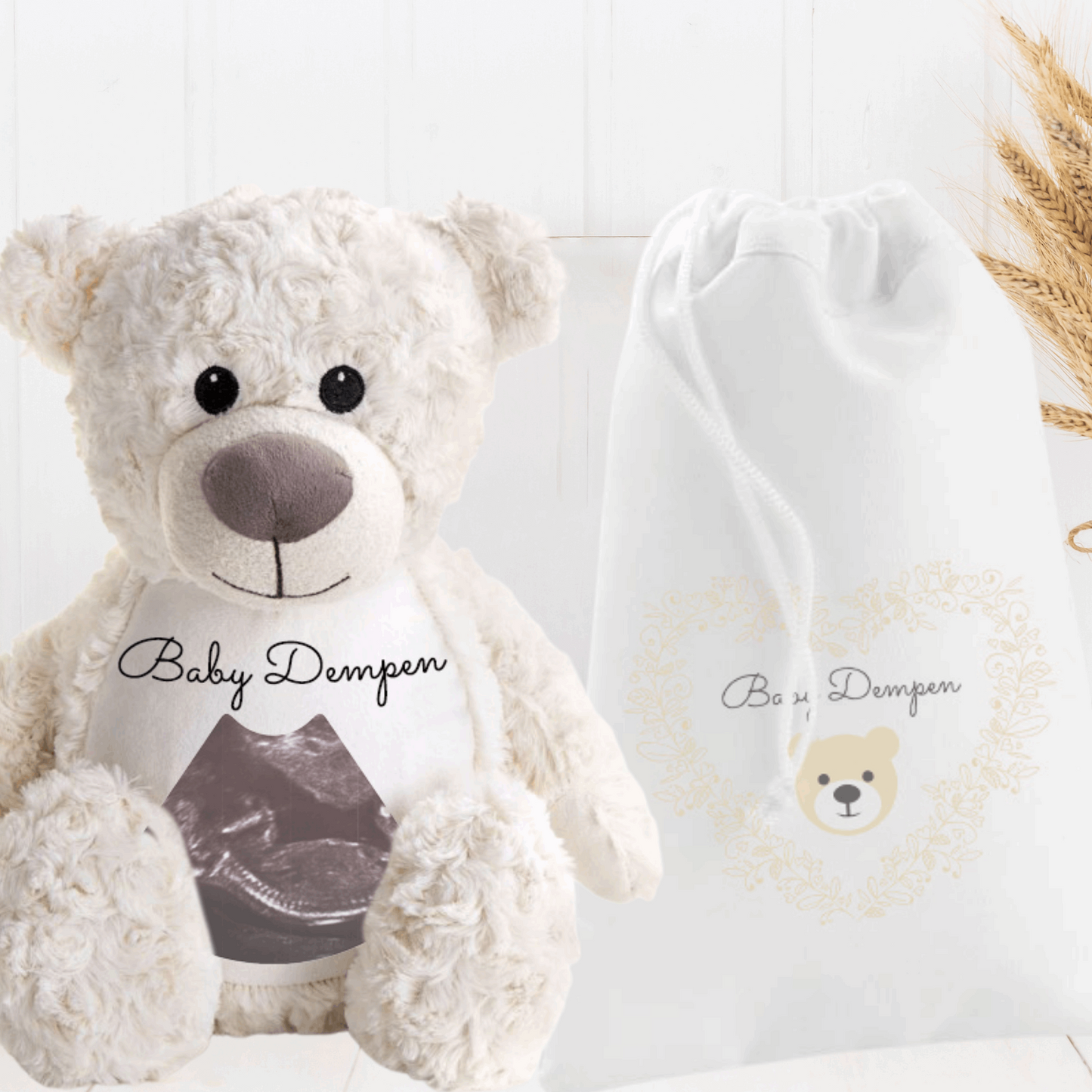 Hello Bear Neutral Cream Baby scan photo bear, with personalised gift bag
