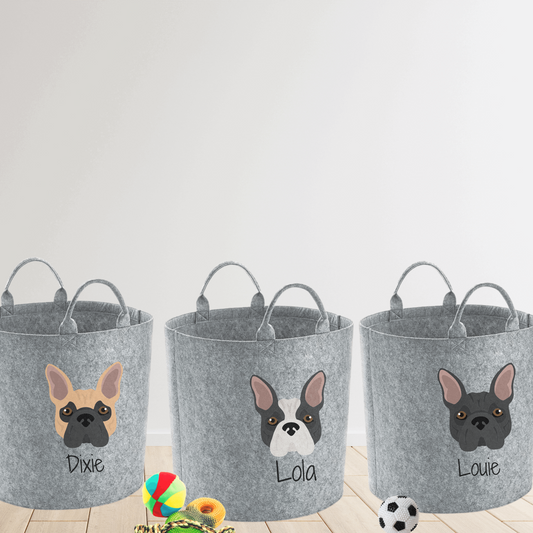 three grey storage trugs printed with french bulldog images - pet toy storage by sweetlea gifts