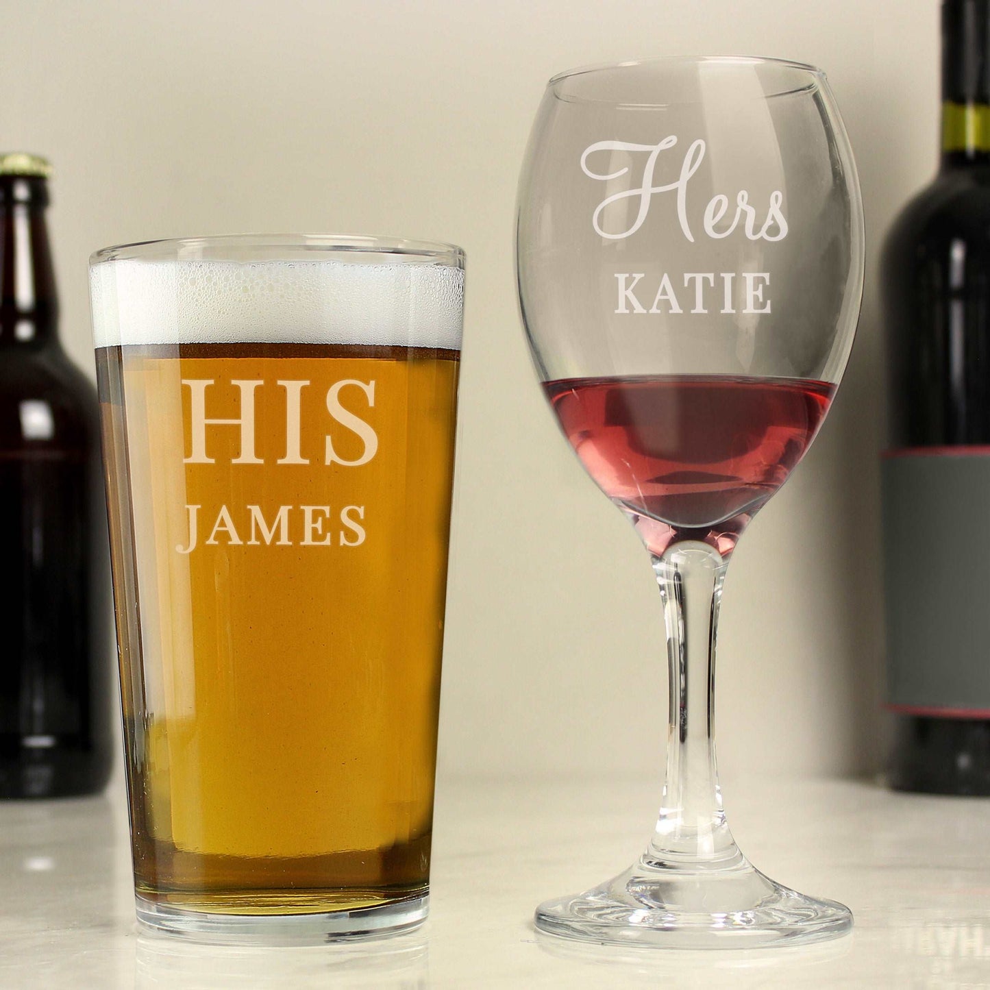 His & Hers Personalised Pint and wine glass set