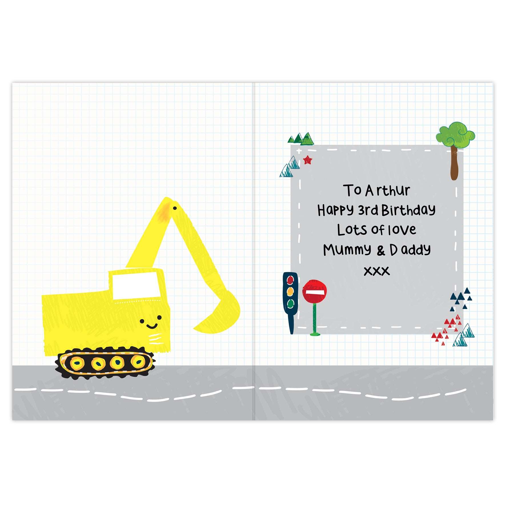 Displaying inside of Personalised Digger birthday card with digger image, road and personalised message. By Sweetlea Gifts