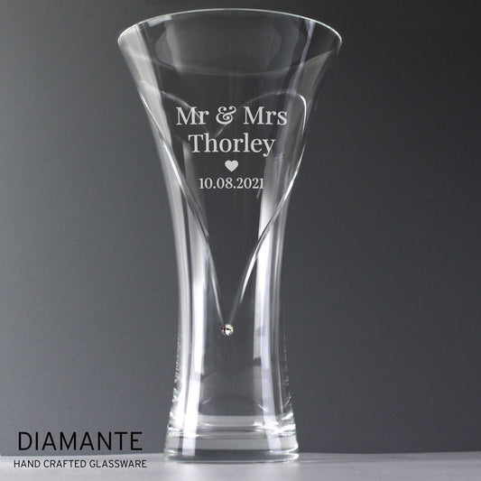 Personalised Mr & Mrs Large Hand Cut Diamante Heart Vase