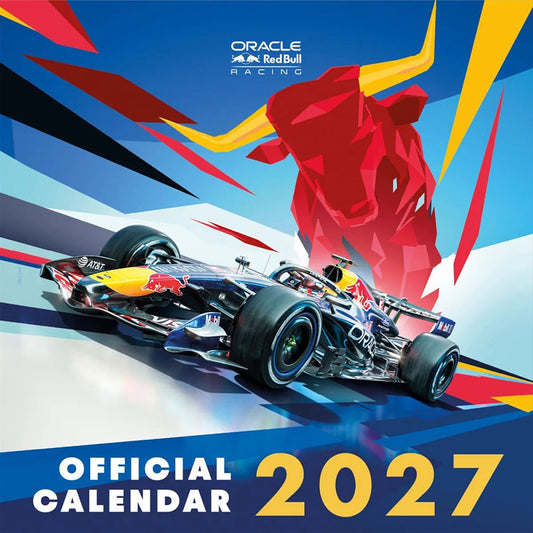 Official Oracle Red Bull Racing 2027 calendar cover featuring a stylized Red Bull Formula 1 car and a large red bull head graphic on a dynamic blue, red, yellow, and white abstract background.