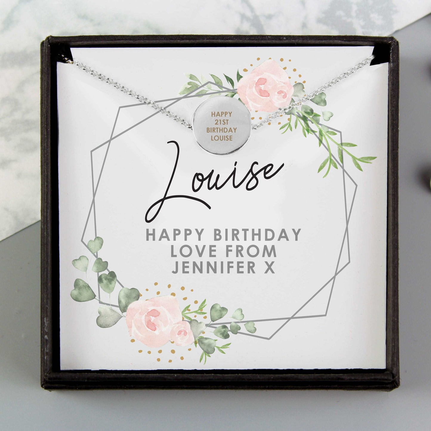Abstract Rose Sentiment Silver Tone Necklace and Box