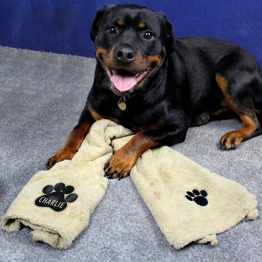 Rottweiler Dog with large personalised microfiber dog towel By Sweetlea Gifts