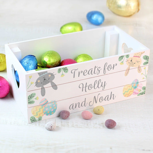 White wooden crate decorated with easter bunny and eggs and personalised By Sweetlea Gifts
