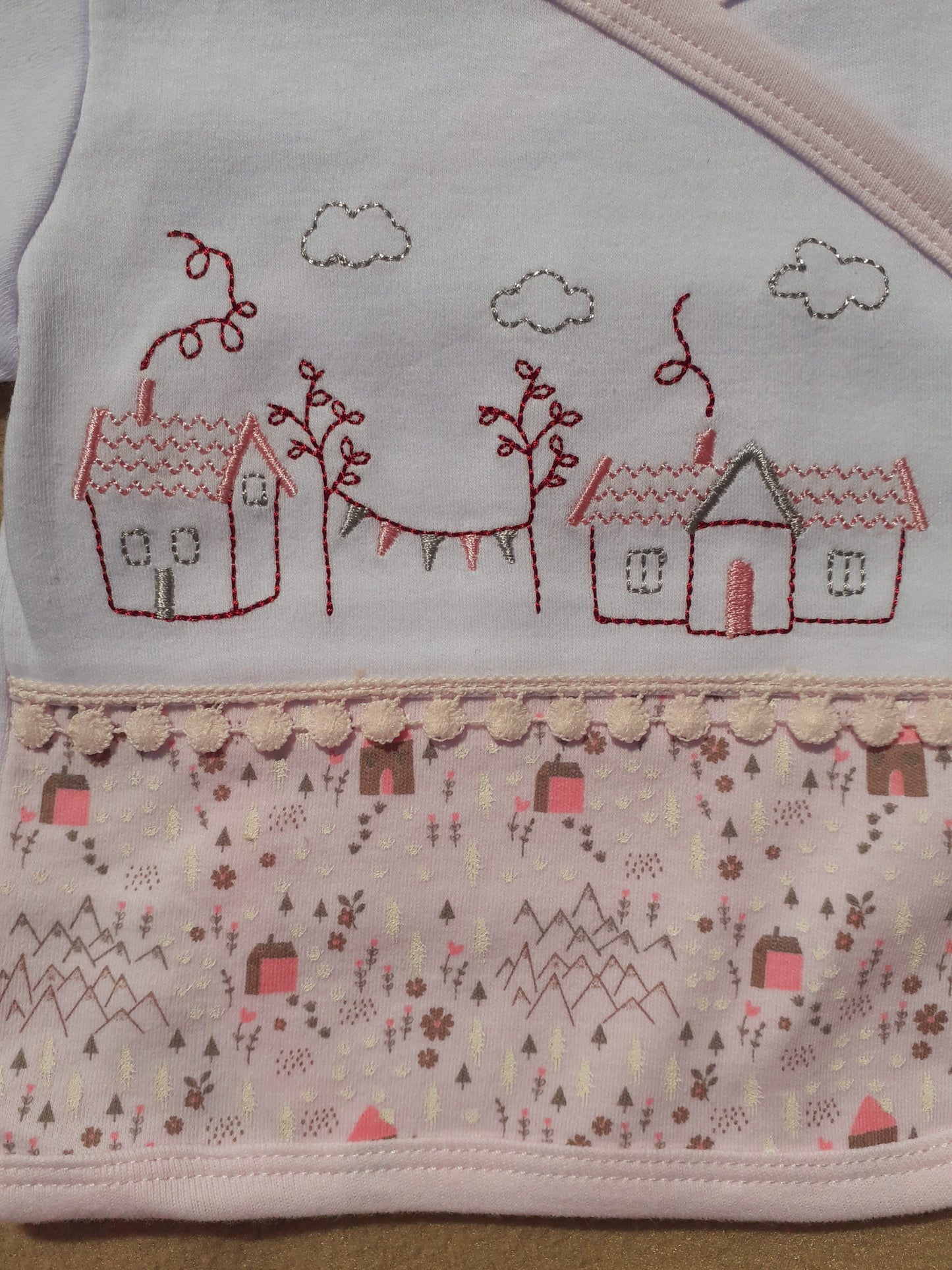 Baby girls pink and white cotton jacket with house mountain and clouds print