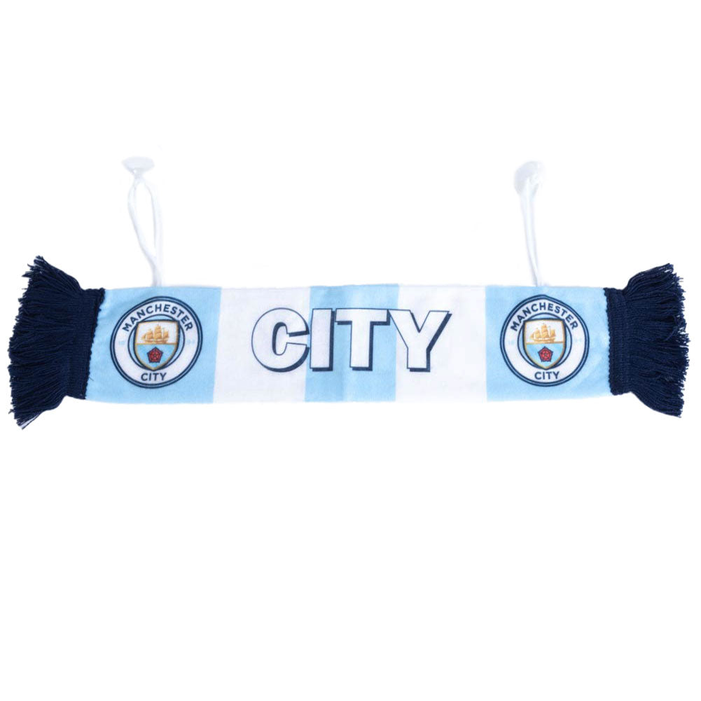 Mini cloth scarf finished with blue tassels at either end, Featuring two club crests and CITY text