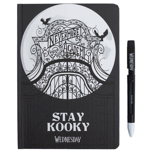 Giftset includes a branded Nevermore Academy notebook with the phrase 'Stay Kooky' on the front
