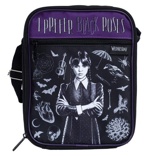 Purple and black bag featuring Wednesday plus additional themed silhouettes, plus the text 'I Prefer Black Roses'
