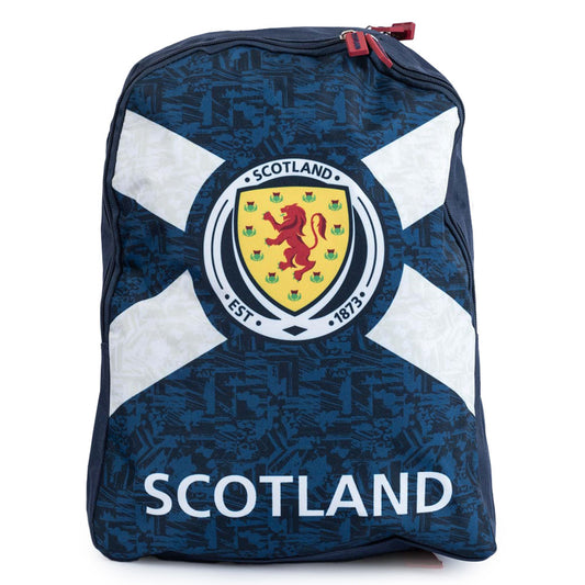 Navy blue backpack featuring a large full colour crest