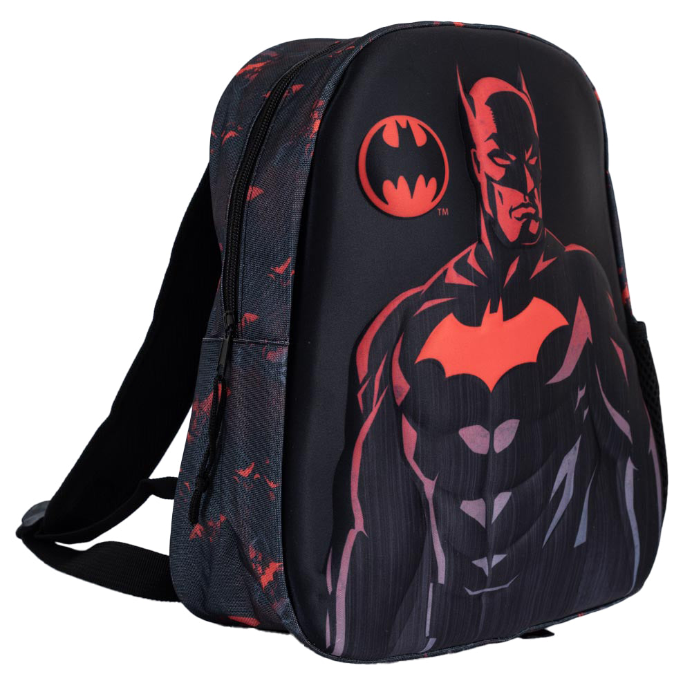 Black 3D backpack featuring Batman with a repeat design on the back, Main compartment has a large zipped opening for easy access