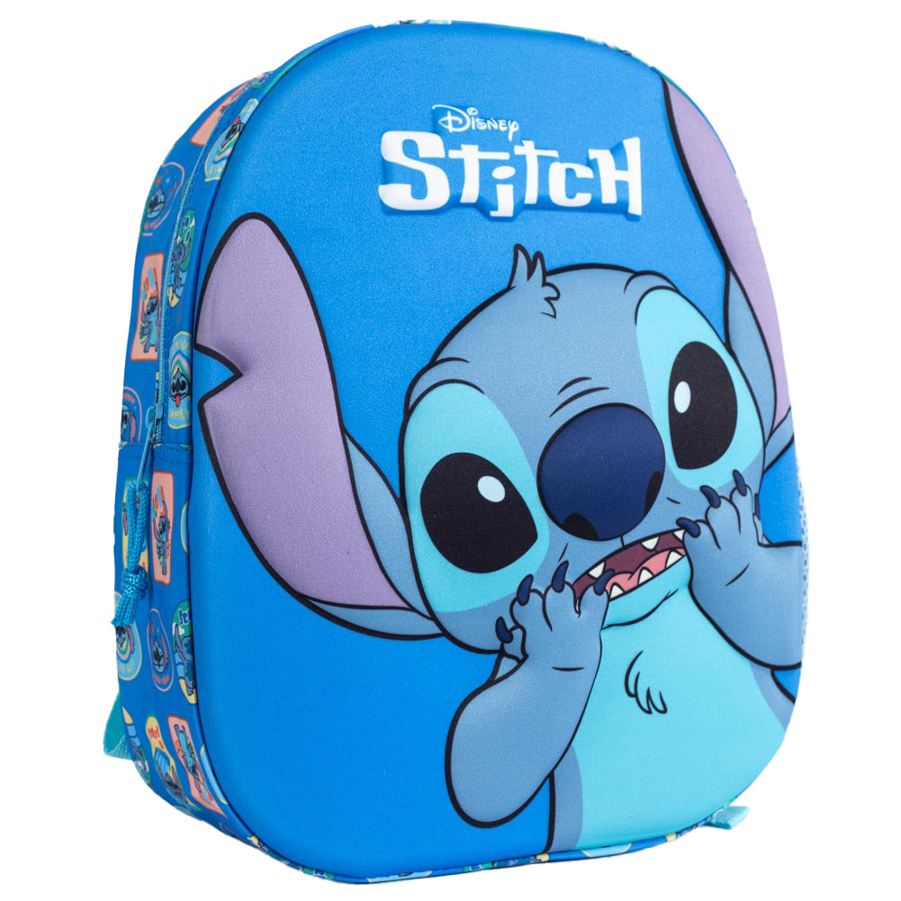 Blue 3D backpack featuring Stitch with a repeat design on the back, Main compartment has a large zipped opening for easy access