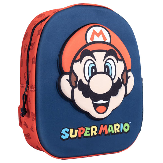 Red and blue 3D backpack featuring Mario on the front with a repeat pattern on the back, Main compartment has a large zipped opening for easy access