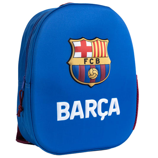 Blue 3D backpack with red trim, featuring a full colour FCB crest on the front with BARCA text underneath, Main compartment has a large double zipped opening for easy access