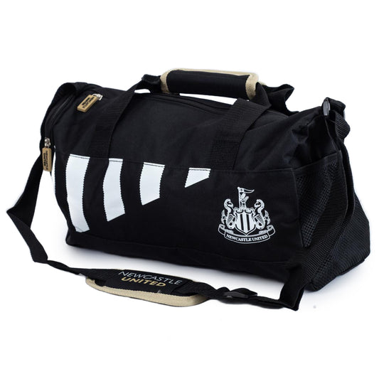Black duffle bag featuring a white stripe deisgn and the Newcastle United FC logo in white to one side