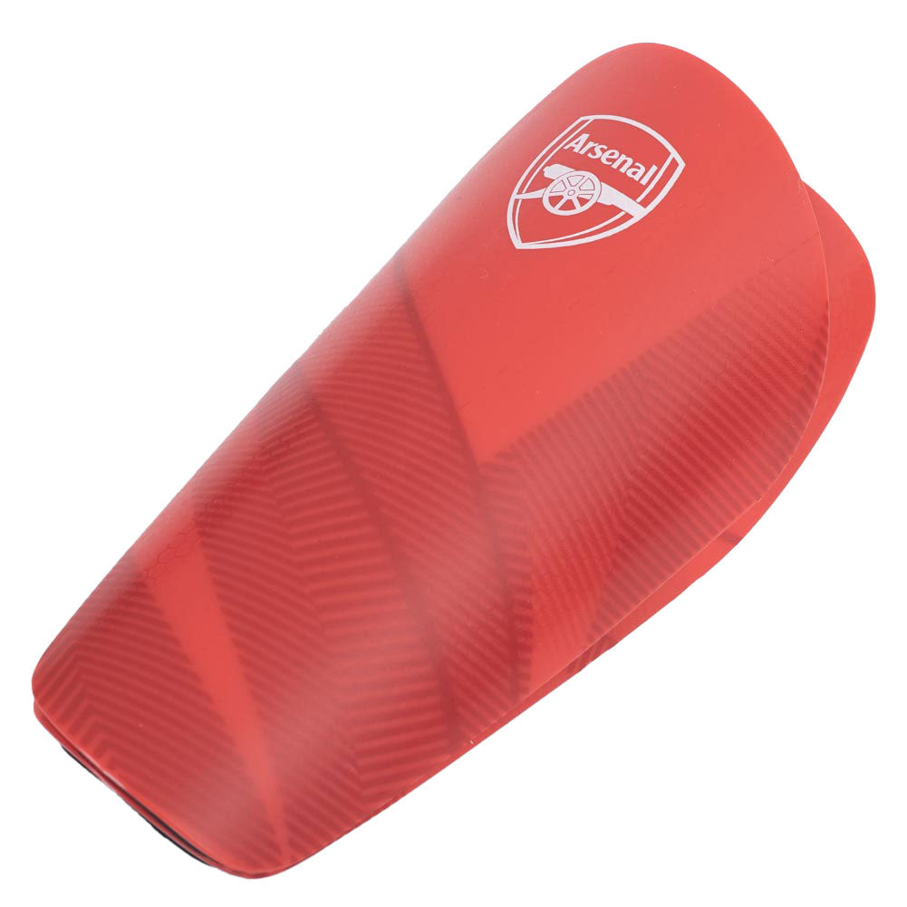 Red fuse design slip in shin guards featuring a white Arsenal crest