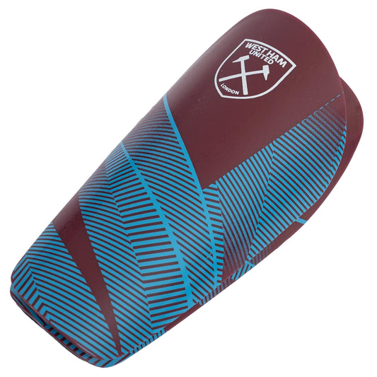 Blue and Claret fuse design slip in shin guards featuring a white West Ham crest