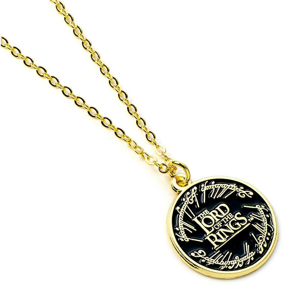 The Lord of the Rings title and elvish script on a gold plated necklace