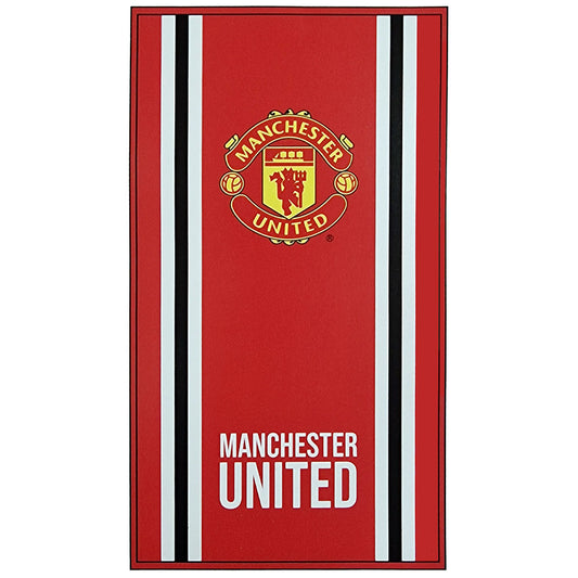 Large soft to touch 100% cotton velour beach towel, Features a Core Stripe design with a full colour club crest and Manchester United text