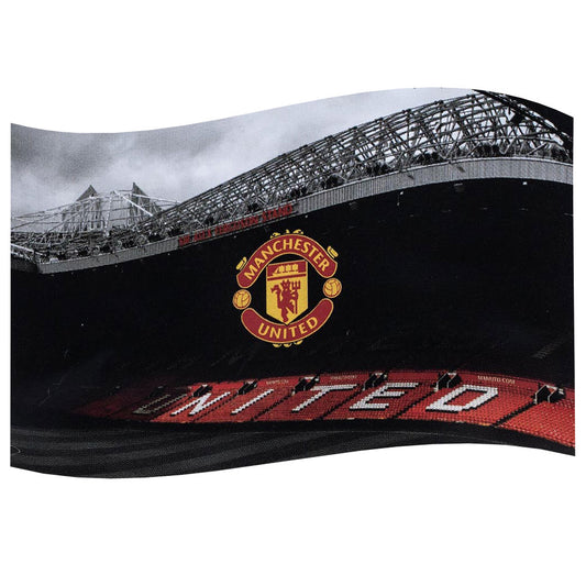 Large 100% polyester supporters flag, Featuring the Old Trafford Stadium with a central full colour club crest