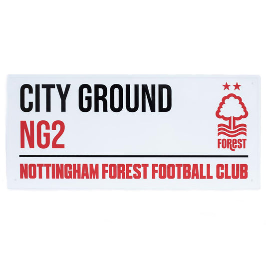Gloss finish design stamped metal wall sign, City Ground street sign, the home of Nottingham Forest FC on a white background