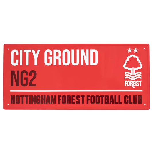 Gloss finish design stamped metal wall sign, City Ground street sign, the home of Nottingham Forest FC on a red background