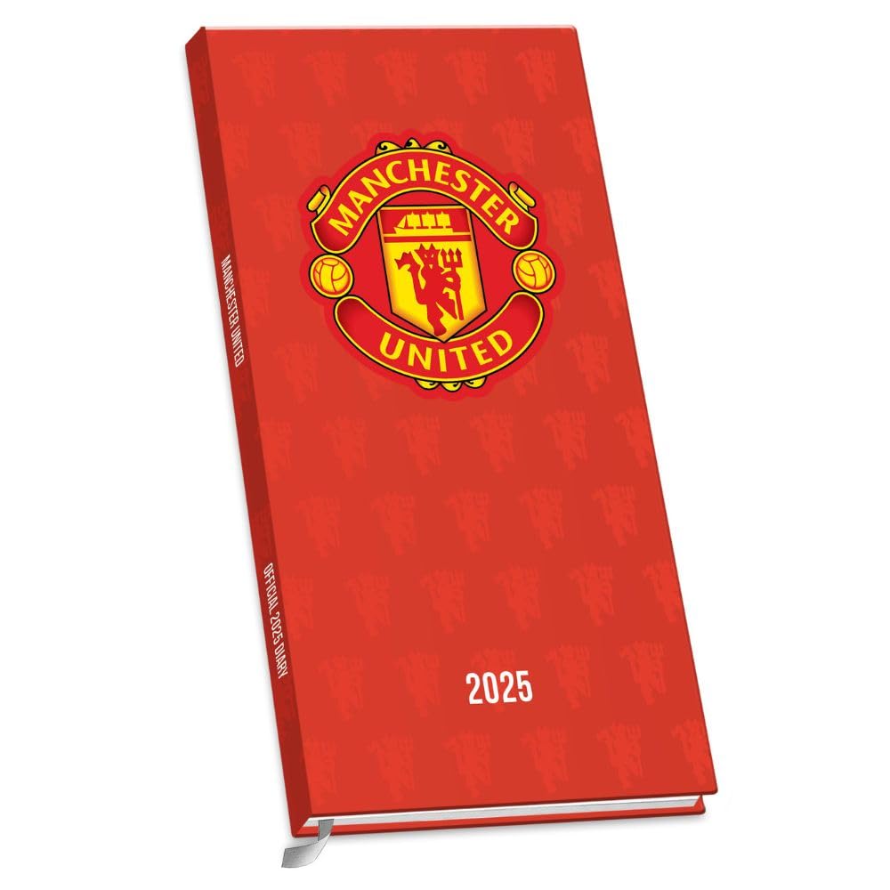 Lightweight 2025 week to view diary, Red hardback diary featuring the Manchester Utd crest