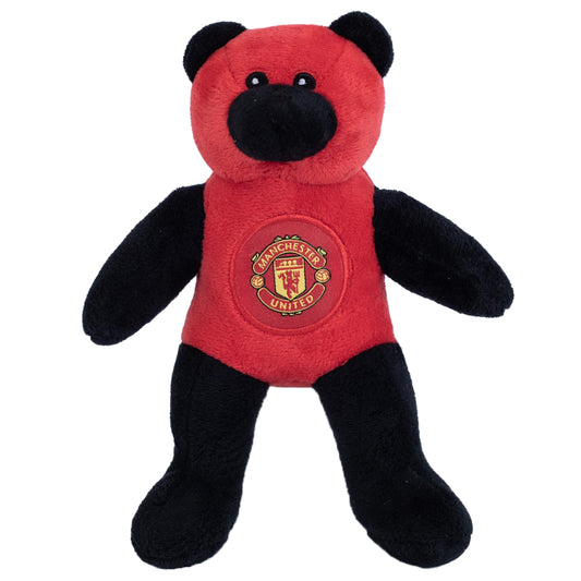 Soft to touch red and black plush bear, With stitched features and a large woven crest