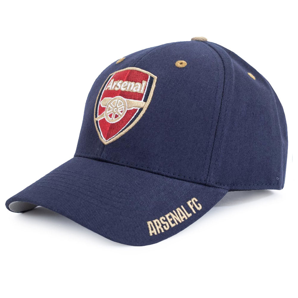 Navy curved brim cap with contrasting gold eyelets and stitch detail