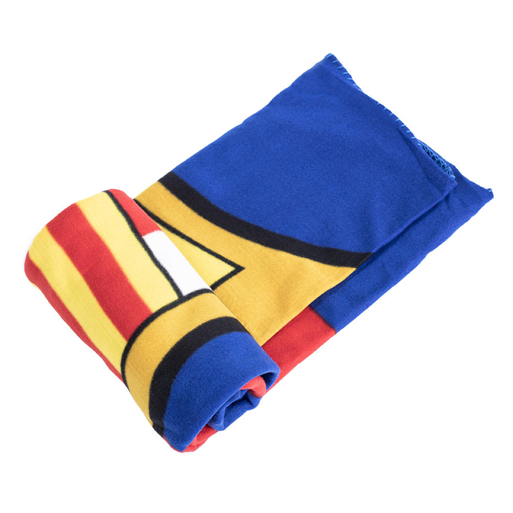 Vibrant red and blue stripe design fleece blanket, Features a large full colour FC Barcelona club crest in the centre