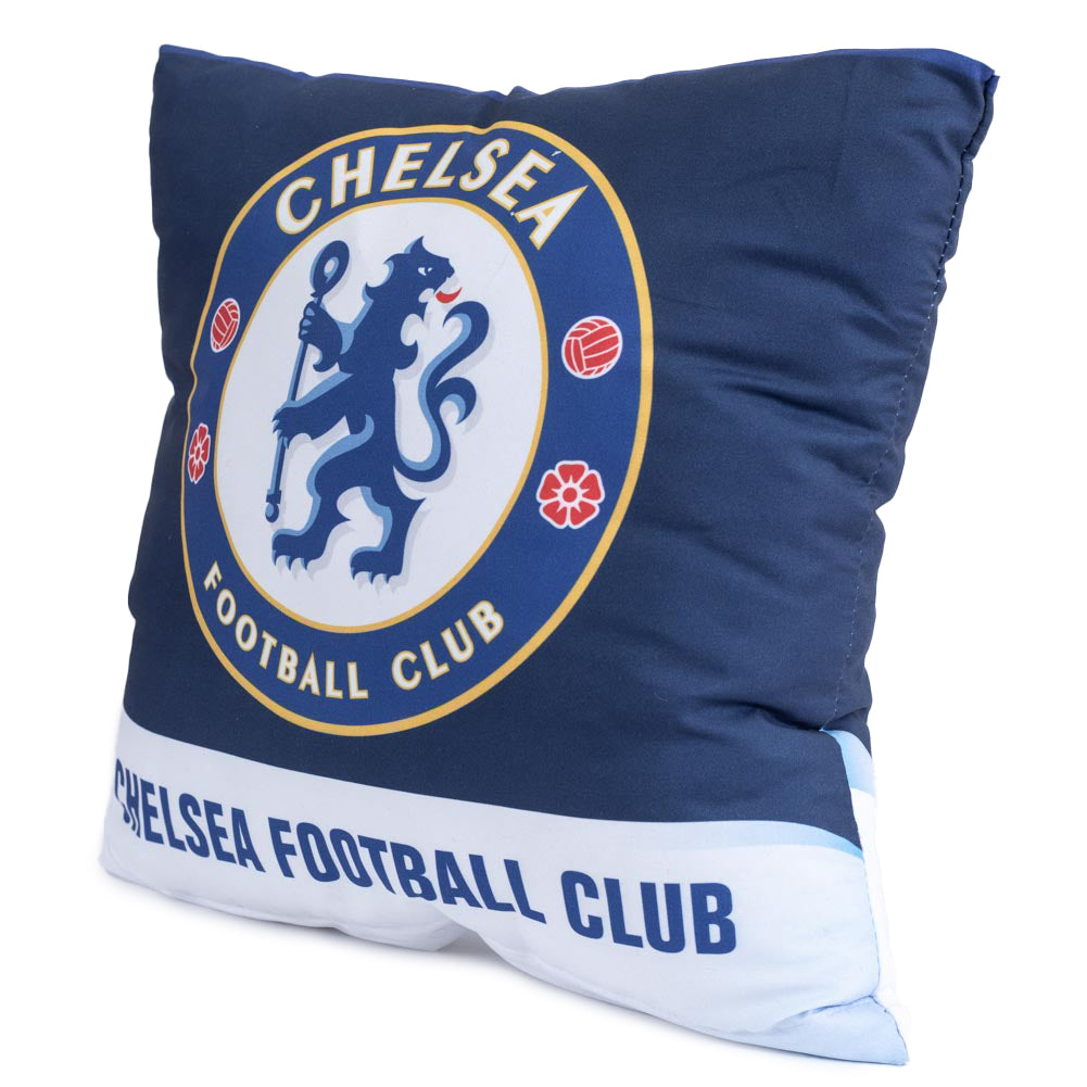 Blue cushion featuring a full colour Chelsea crest with text reading CHELASEA FOOTBALL CLUB across the bottom, Design repeated on the reverse