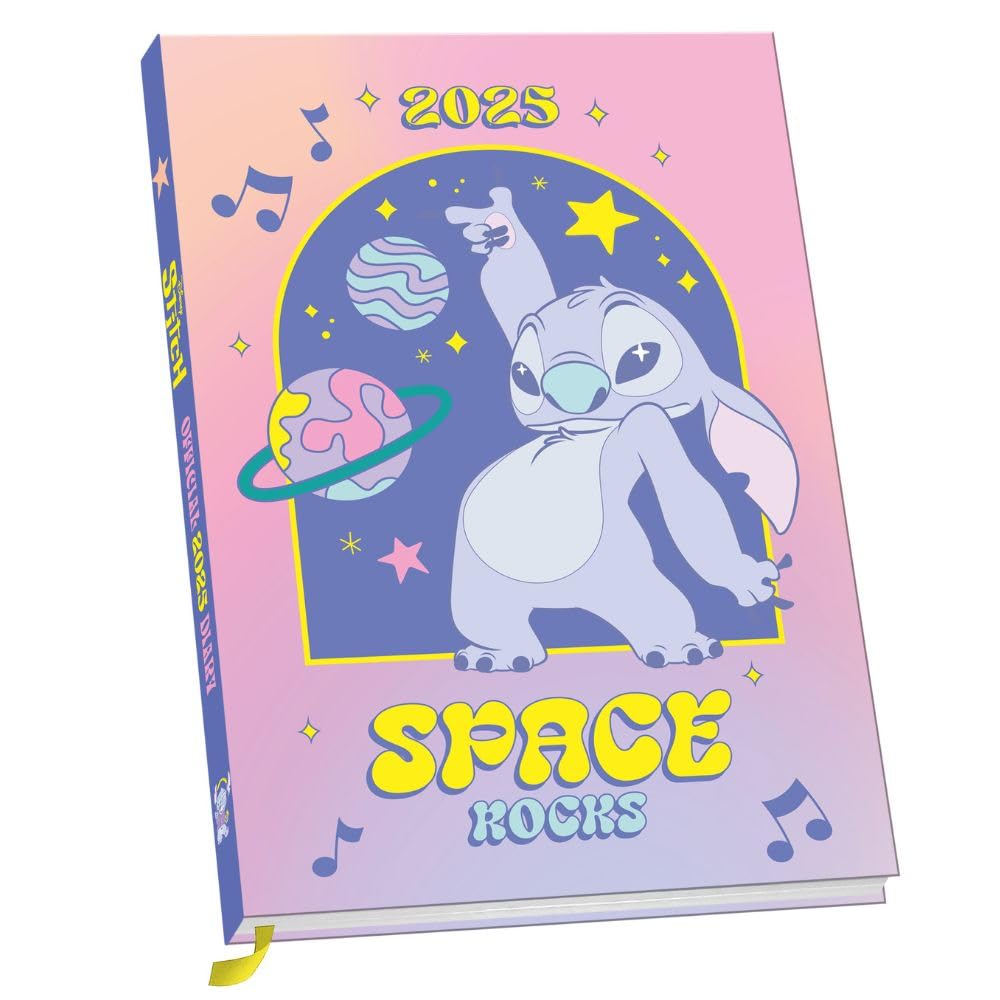 Hardback 2025 week to view diary, Colourful diary featuring Stitch & Angel dancing in space