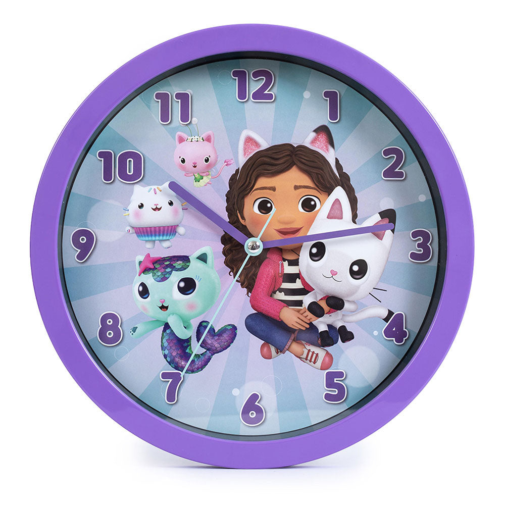 Colourful hanging wall clock featuring Gabby, Pandy, Cakey, Mercat and Kitty Fairy on the face