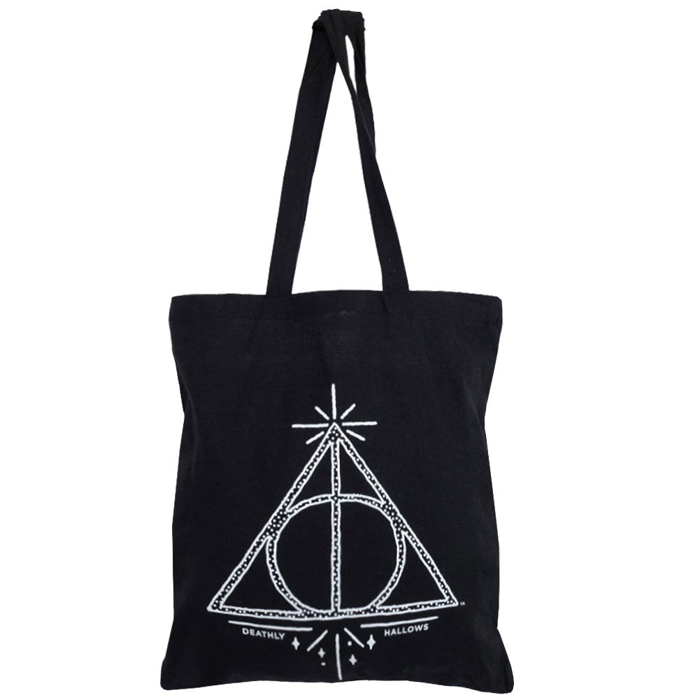 Black canvas tote bag featuring the Deathly Hallows sign in white