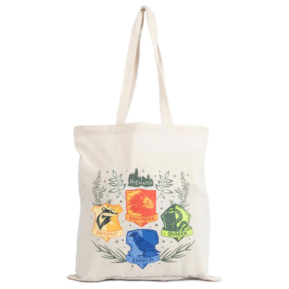 Cream tote bag featuring a vibrant collection of the Hogwarts Herbology crests
