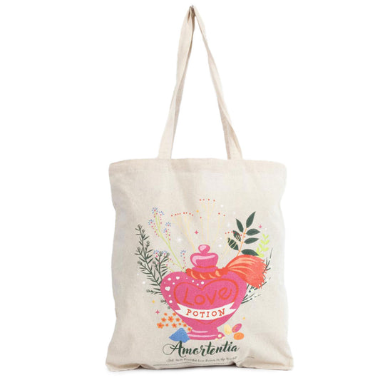 Cream canvas tote bag featuring a vibrant image of the Amortentia Love Potion to one side