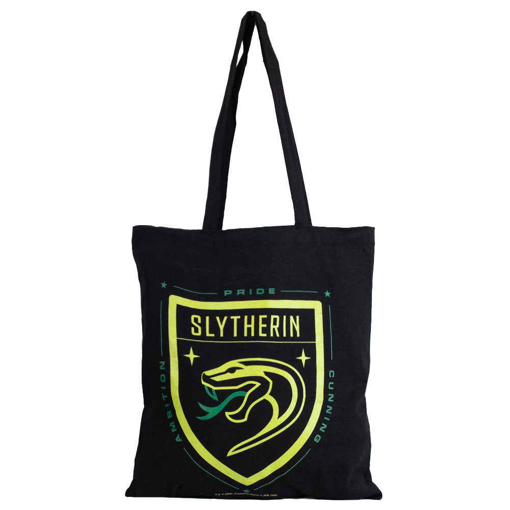 Black canvas tote bag featuring a large vibrant green Slytherin crest to one side