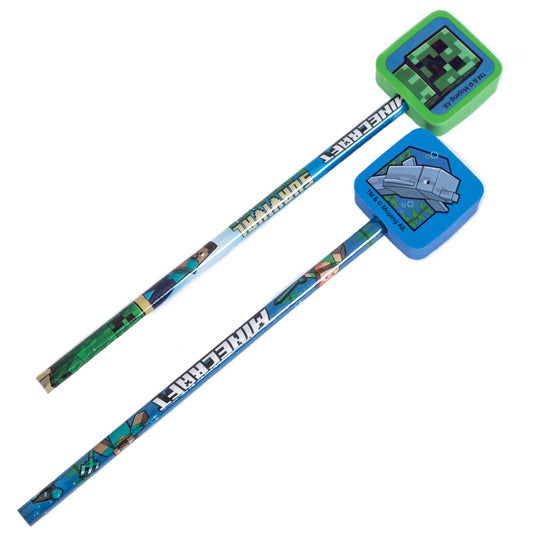 Colourful Mincraft design pencils, With Creeper and Dolphin eraser toppers